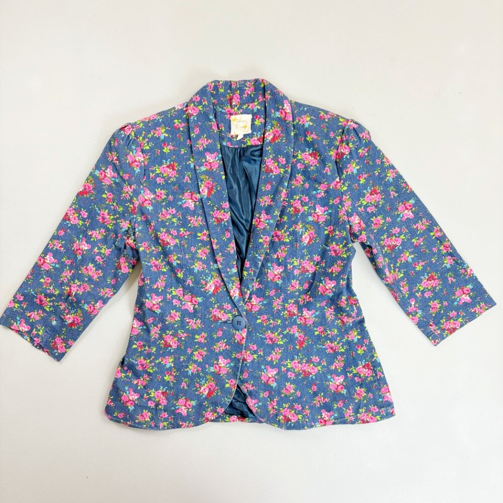 GOLDEN POPPY Floral Blazer Large Stretch Denim Anthro Style Jacket 3/4 Sleeve